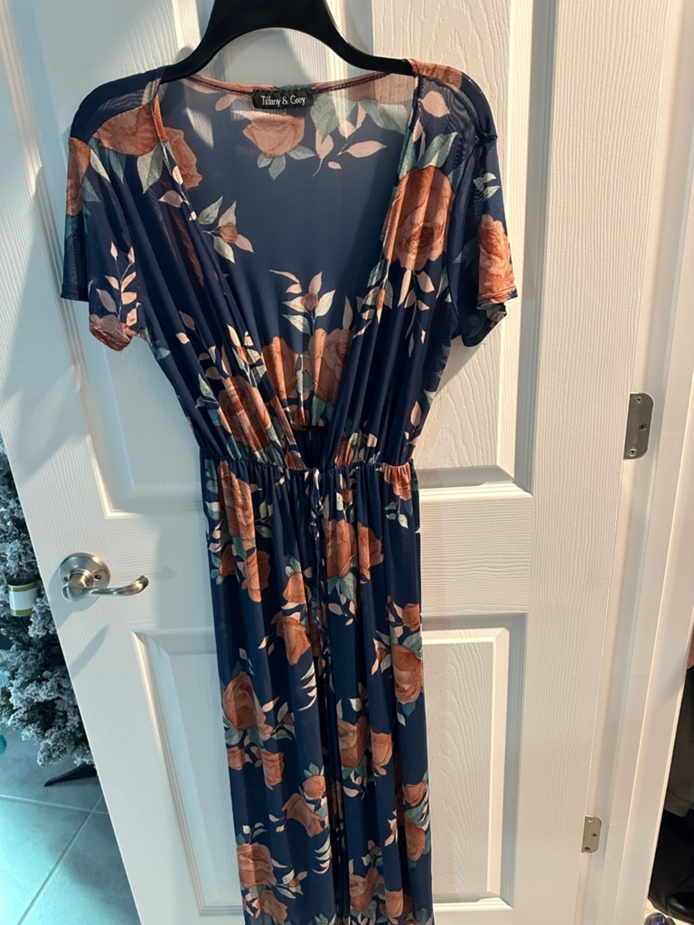 Navy Floral Maxi cover up/ duster with Rust Roses